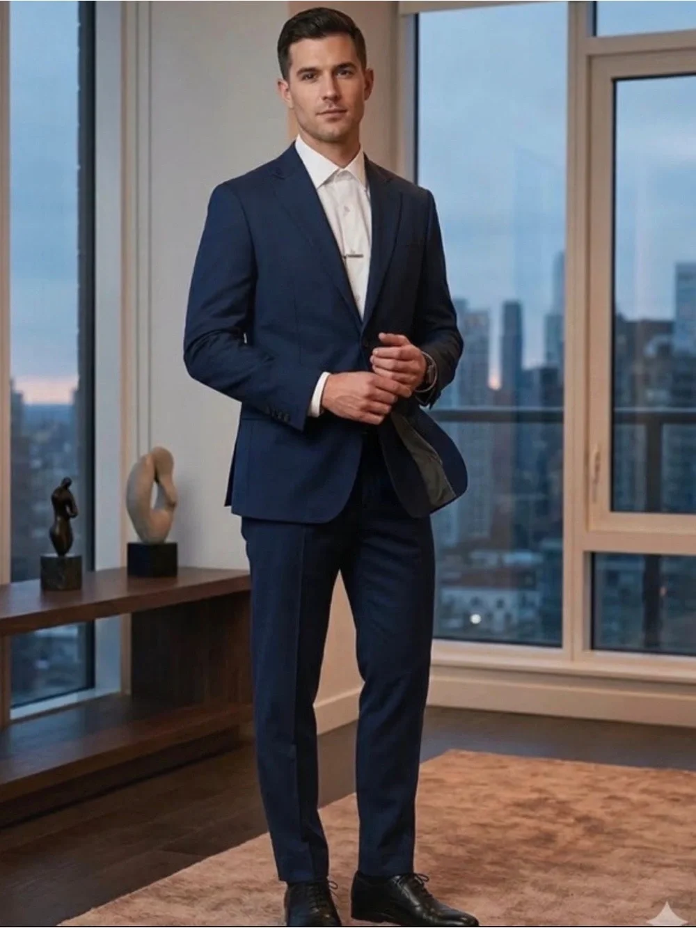 Navy Blue suit Tailors bow brand 44w 45 inches from waist to bottom